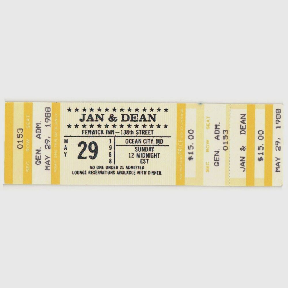 Vintage 1988 Jan & Dean Full Complete Concert Ticket Stub Ocean City MD